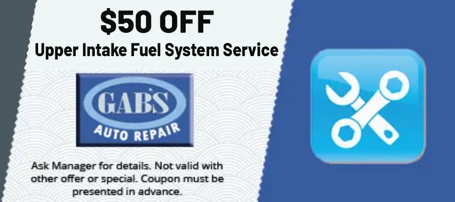 $50 off upper intake fuel system service coupon for GAB's Auto Repair, blue background with wrench icon