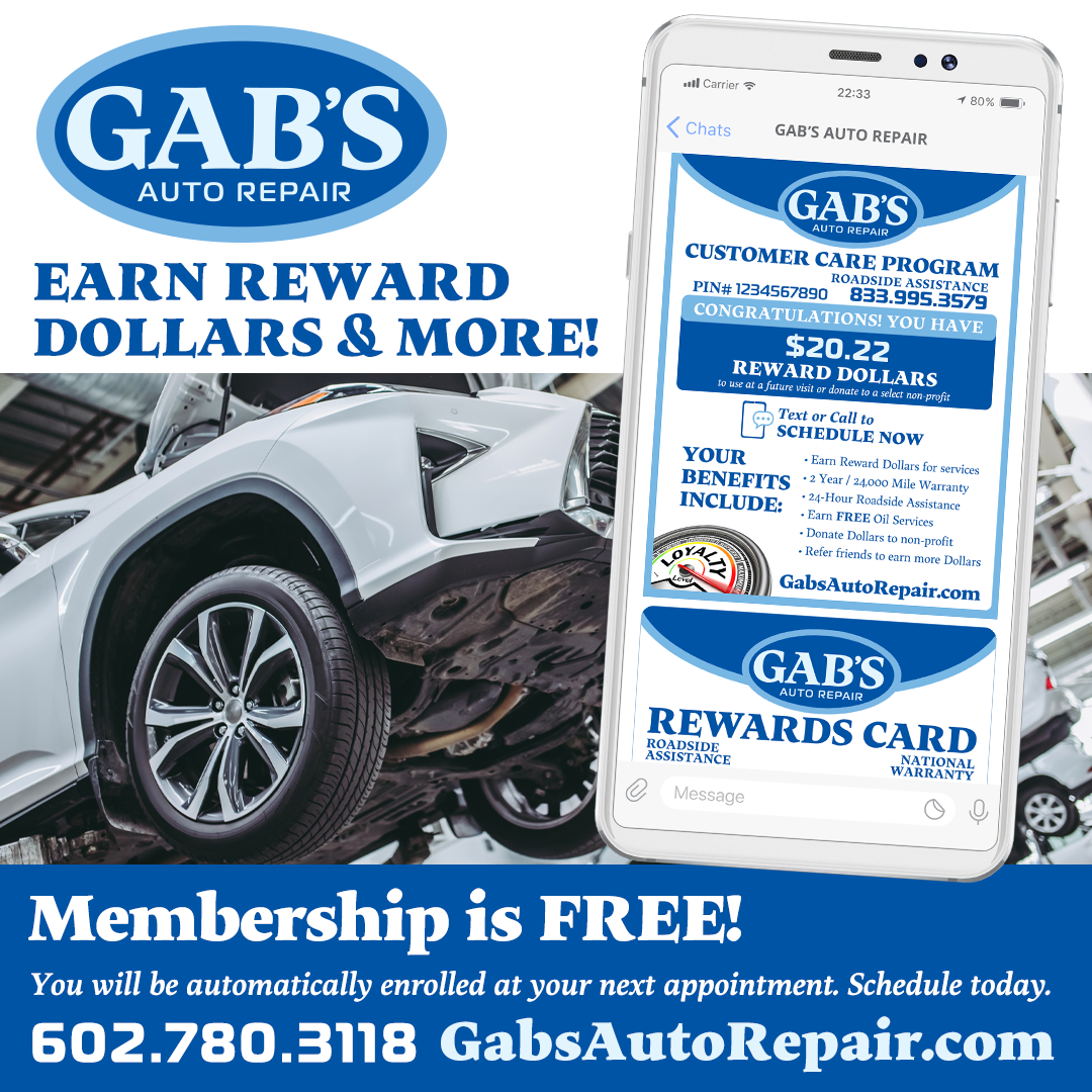 An advertisement for gab 's auto repair says membership is free