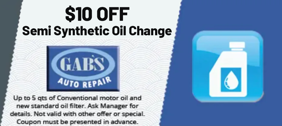 A coupon for $ 10 off semi synthetic oil change