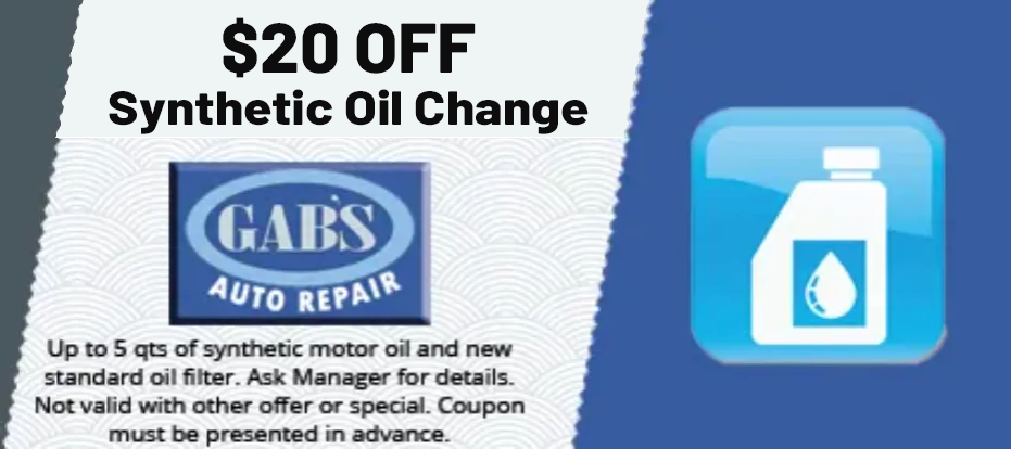 A coupon for $ 20 off synthetic oil change at gab 's auto repair