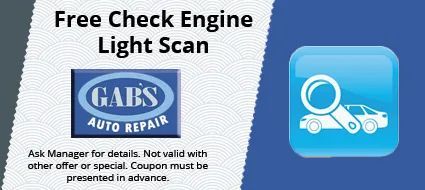 Coupon for a free check engine light scan at Gab's Auto Repair. Blue logo with text, white car, and blue background.