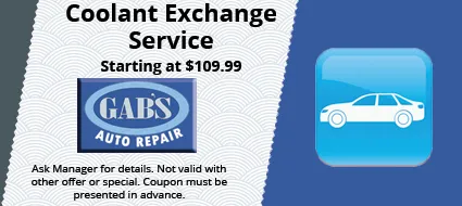 Coolant Exchange service ad from Gab's Auto Repair starting at $109.99. Includes a car icon.