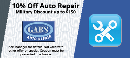 A coupon for gab 's auto repair offers a military discount up to $ 150