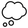 A white thought bubble with two circles inside of it on a black background.