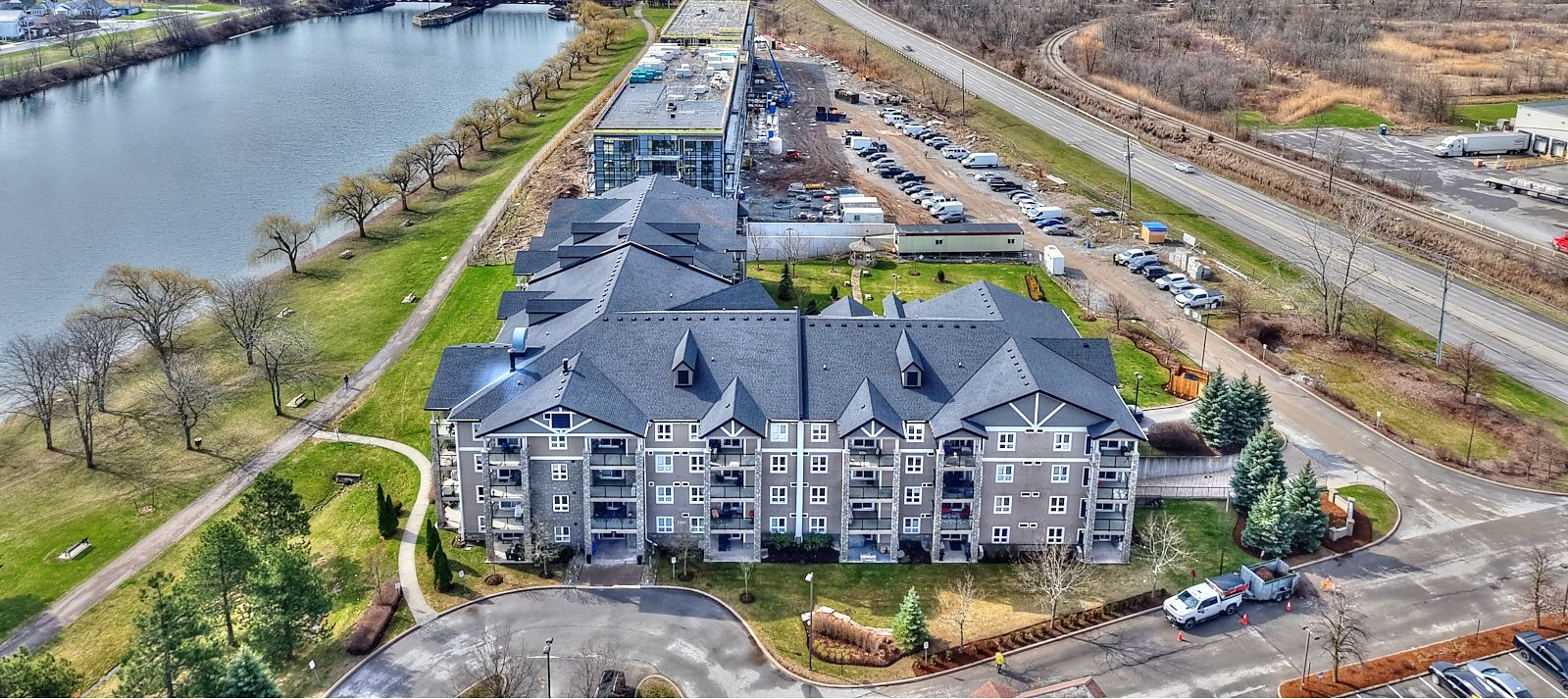 A residential condo building next to the Welland Recreational Waterway.