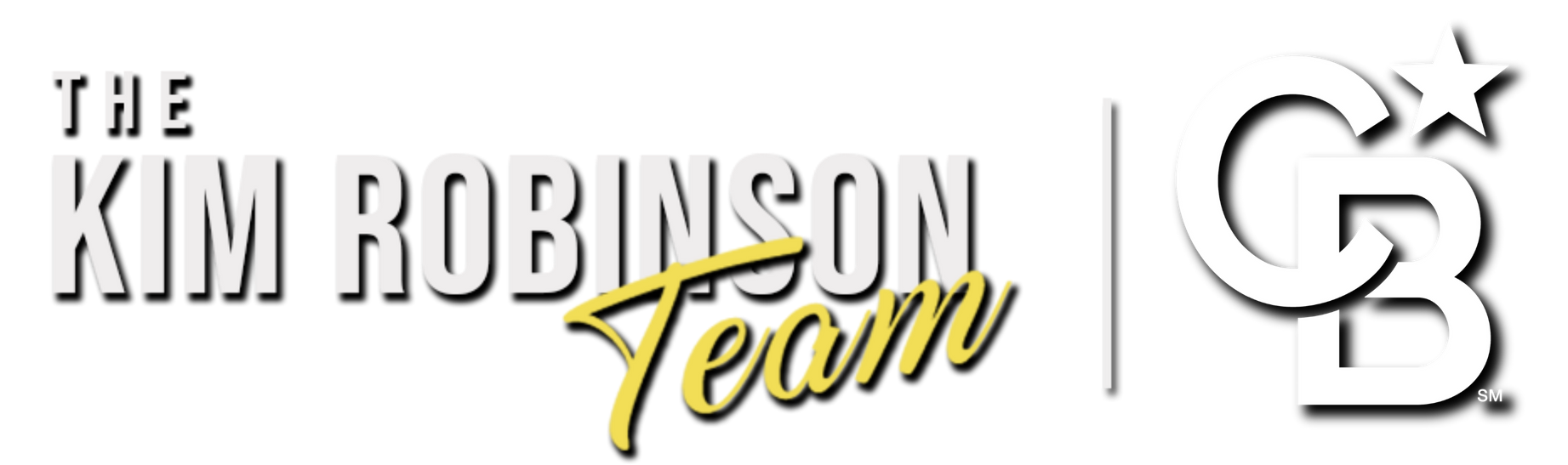 The Kim Robinson Team's real estate logo is in bold and italic yellow and white text.