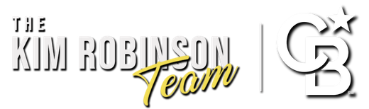 The Kim Robinson Team's real estate logo is in bold and italic yellow and white text.