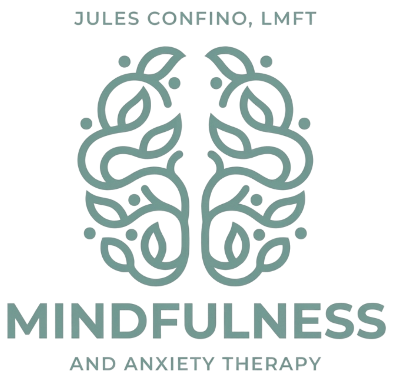 Logo for Jules Confino, LMFT: teal mindfulness and anxiety therapy text with mirrored leaf design
