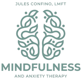 Logo for Jules Confino, LMFT: teal mindfulness and anxiety therapy text with mirrored leaf design
