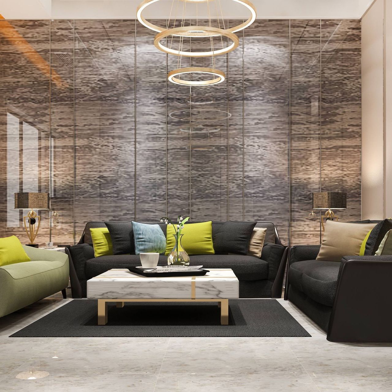 A living room with a couch , two chairs , and a coffee table.