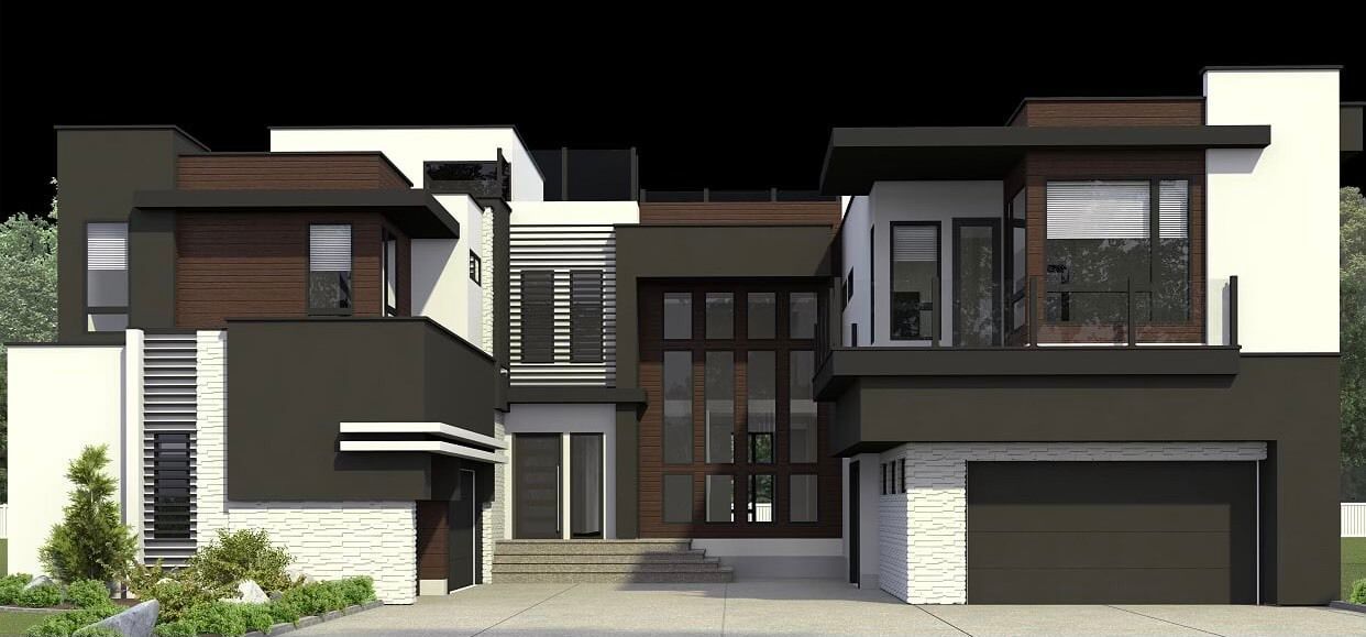 An artist 's impression of a modern house with a large garage.