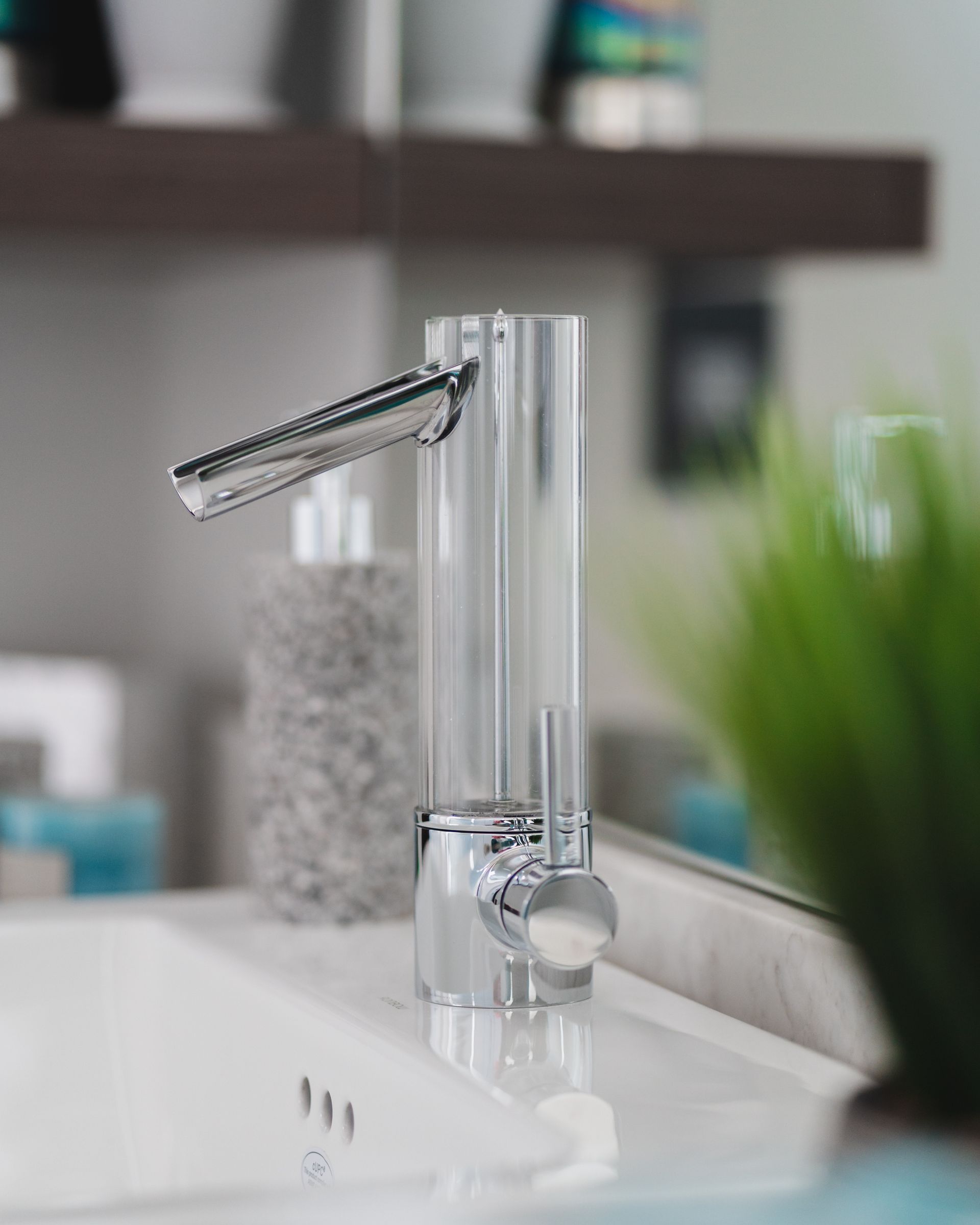 A bathroom sink with a clear faucet and a plant in the background