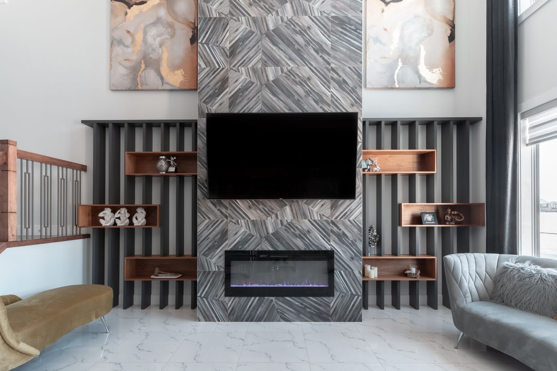 A living room with a fireplace and a flat screen tv.