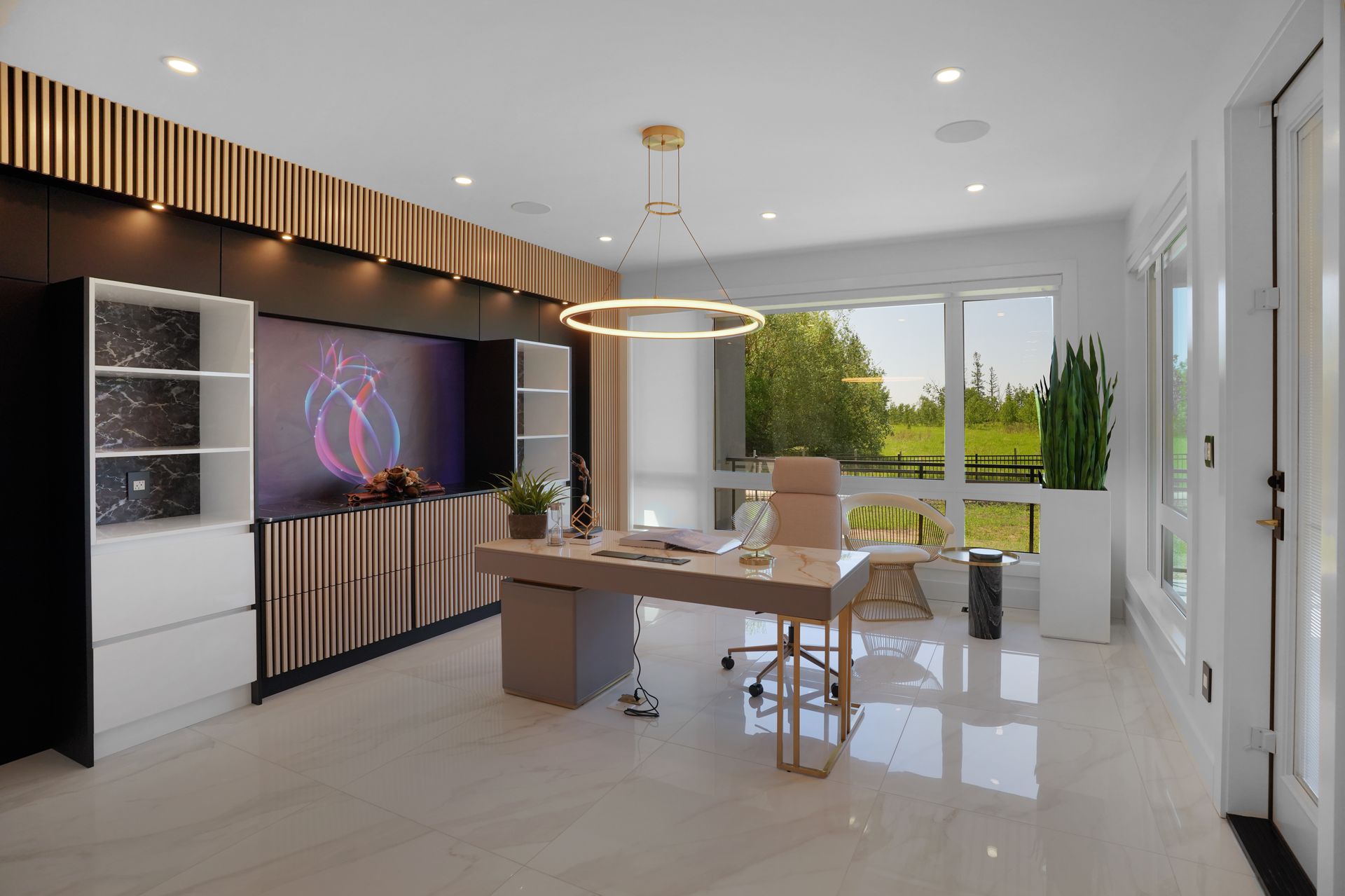 A computer generated image of a home office with a desk and chairs.