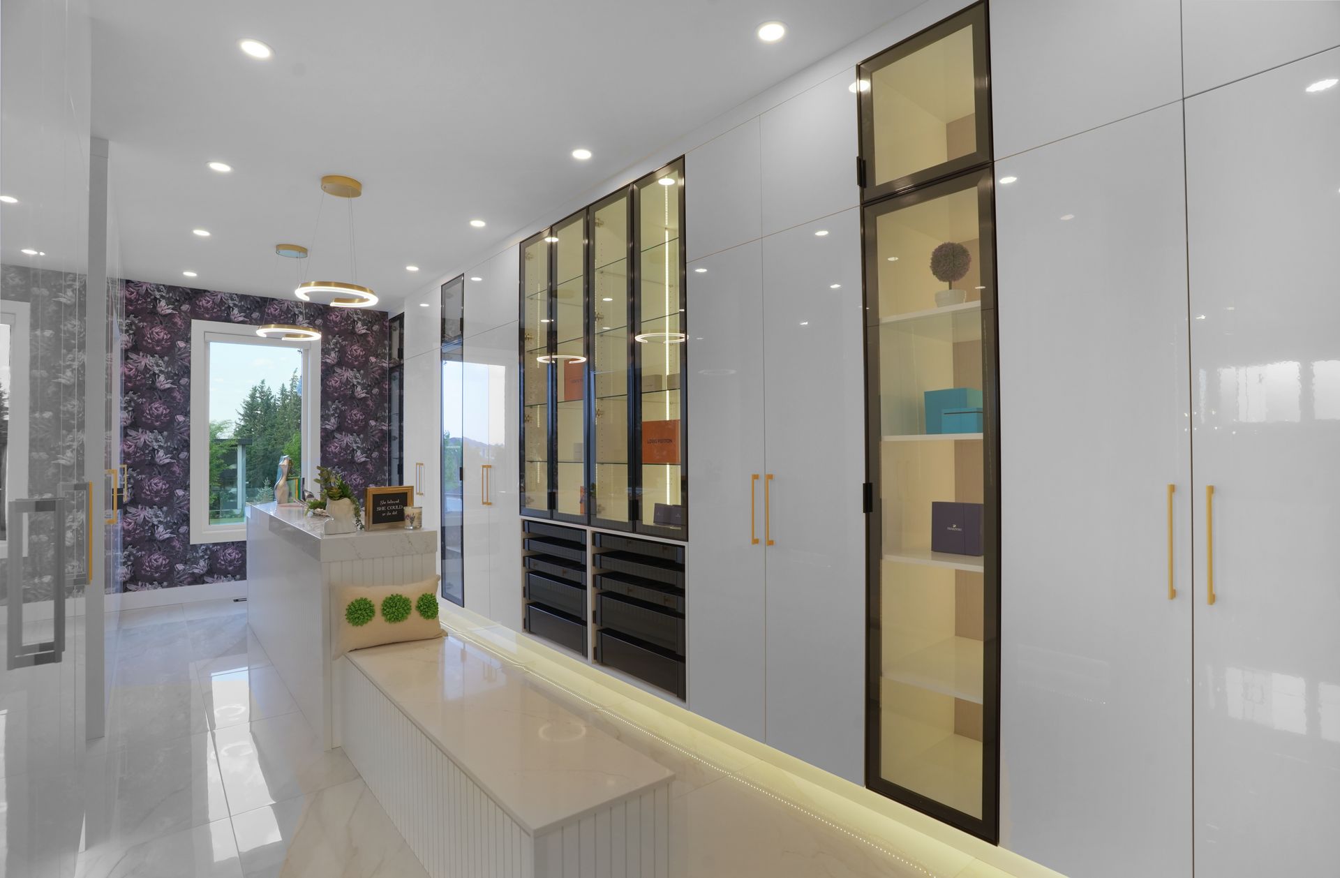A rendering of a kitchen with white cabinets and glass doors.