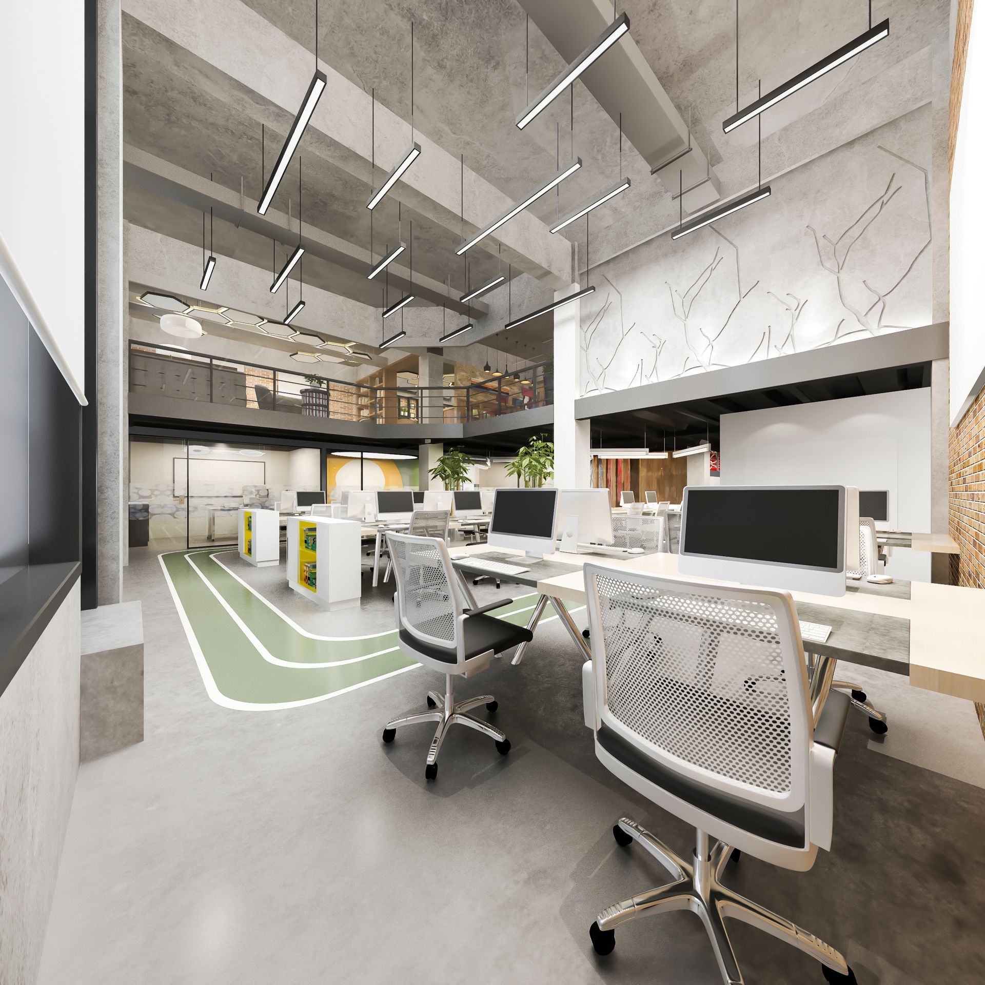 An artist 's impression of an office with lots of desks and chairs.