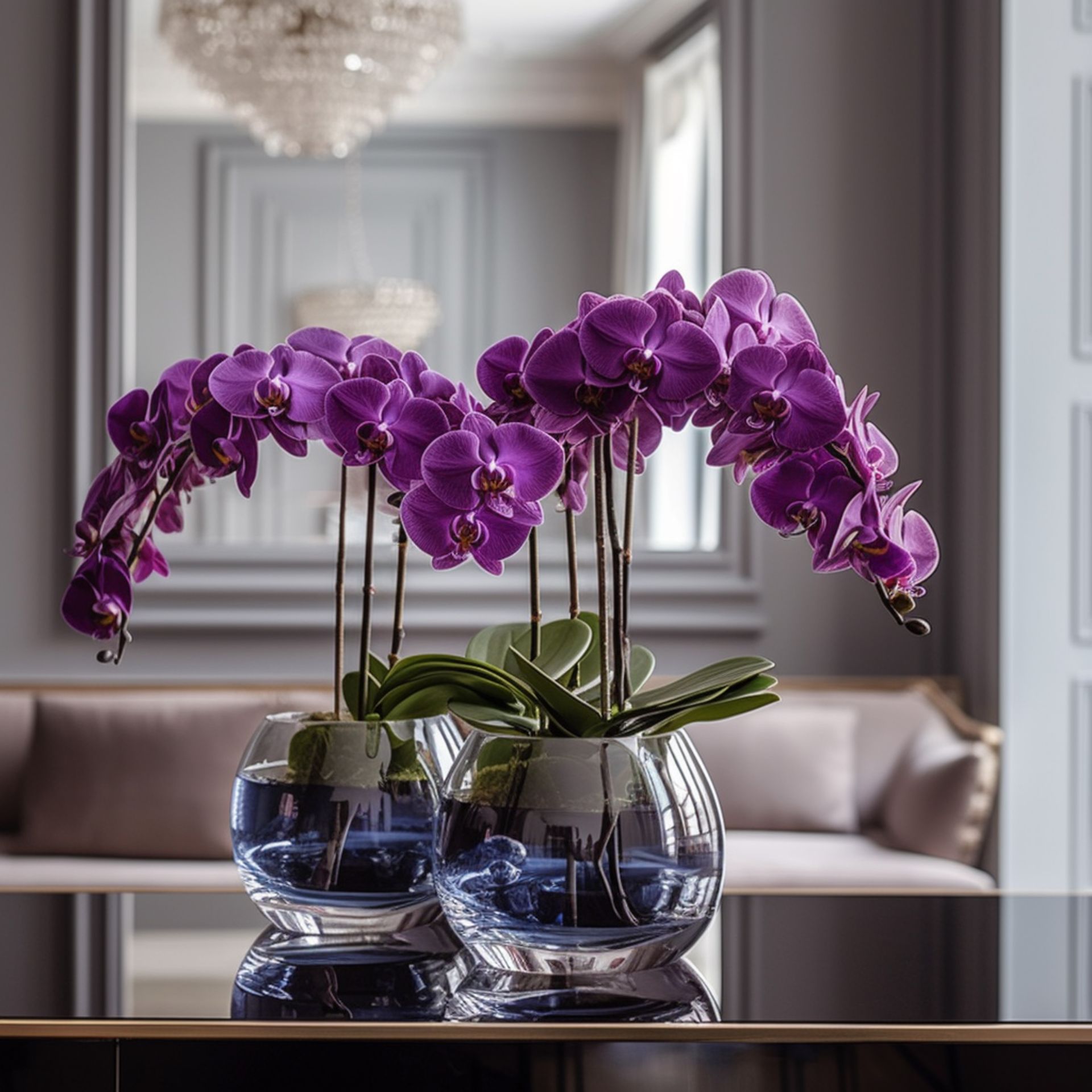 Purple orchids in vases on a table in a living room