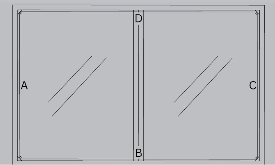 A black and white drawing of a window with a sliding glass door.