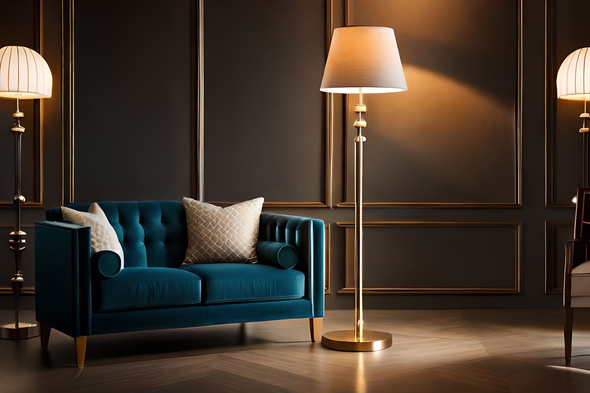 A living room with a blue couch , two lamps , and a lamp.