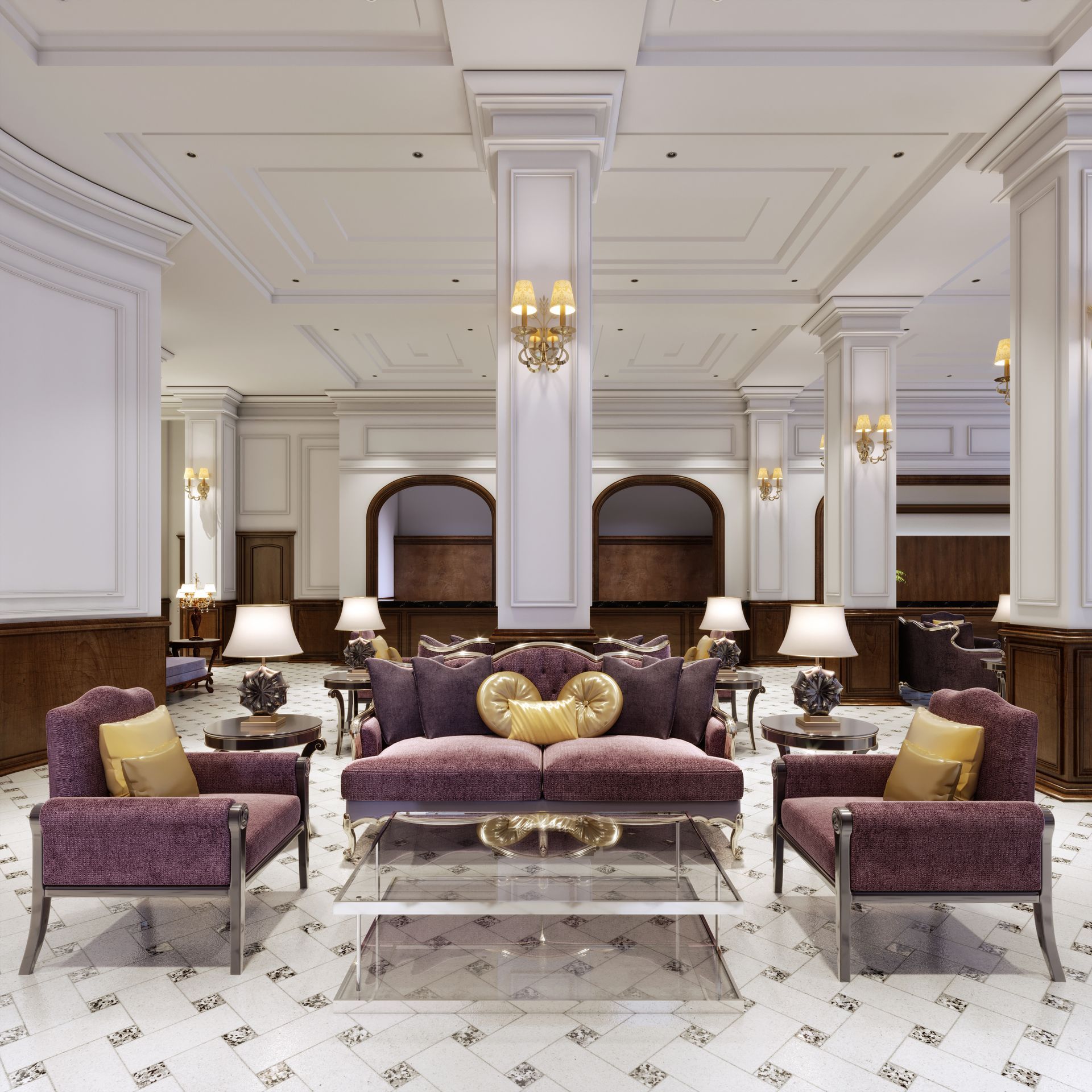 A living room with a purple couch and chairs