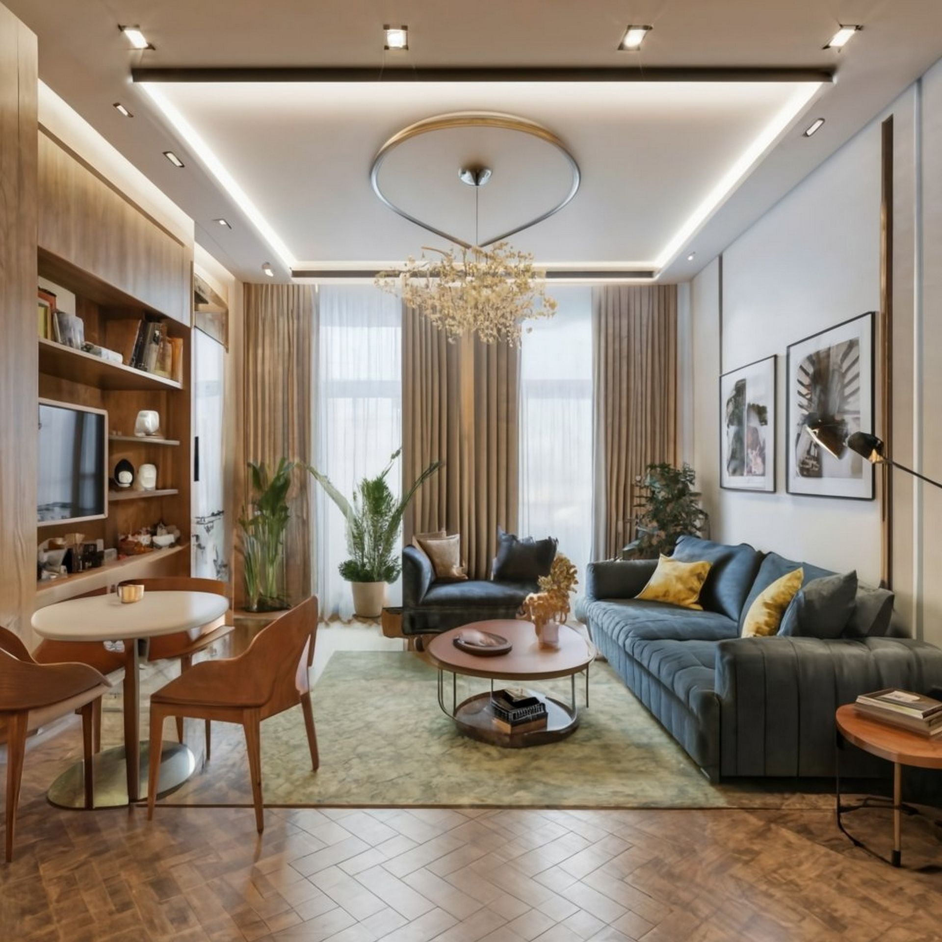 A living room with a couch , table and chairs