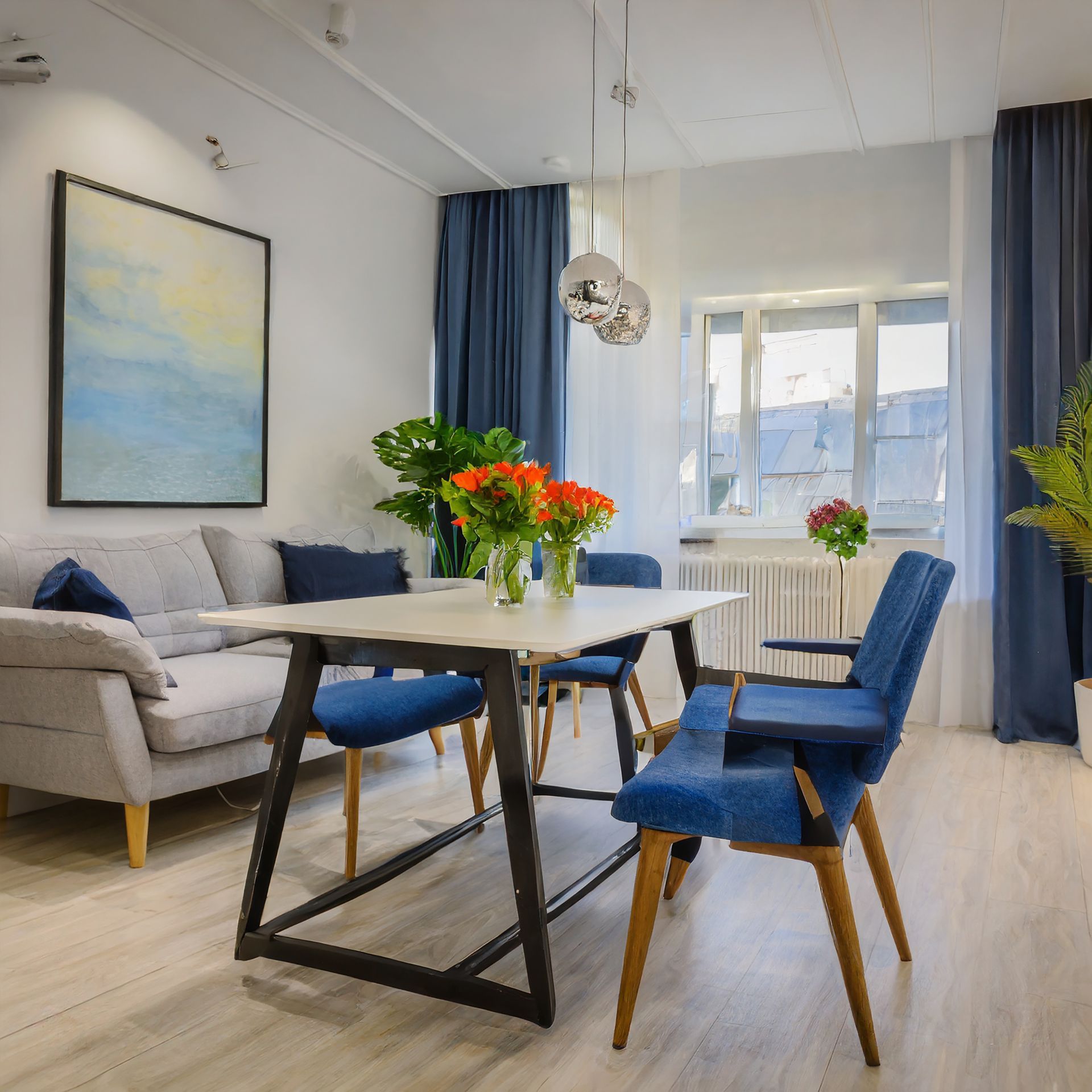 A living room with a table and chairs and a couch