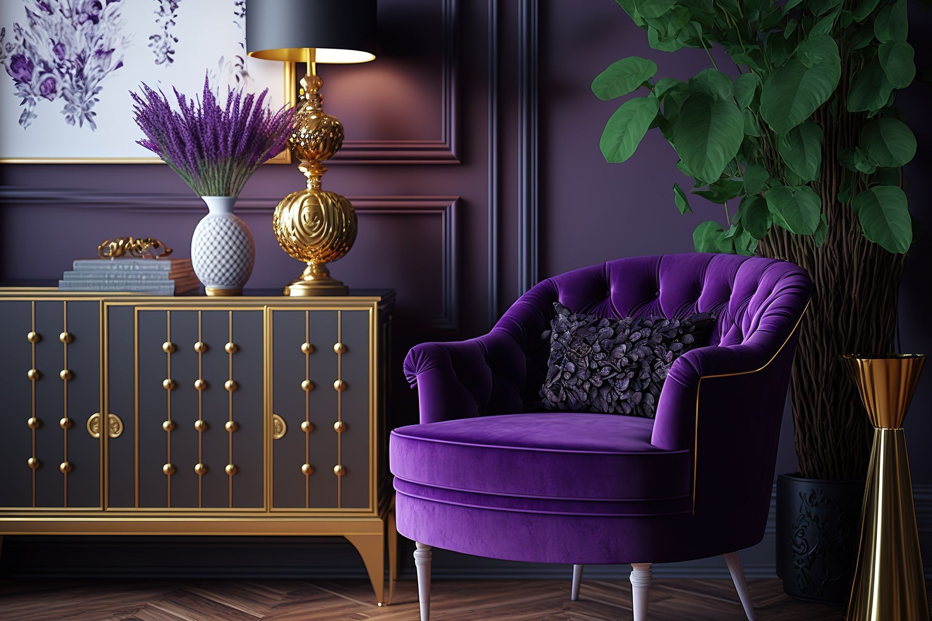 There is a purple chair in the middle of the room.