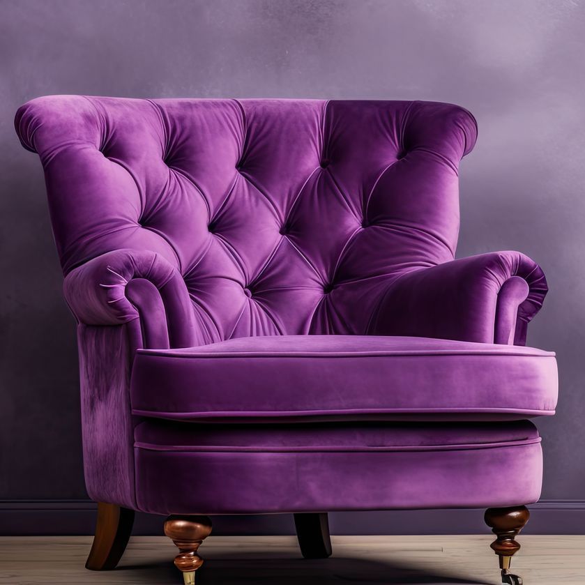 A purple chair is sitting in front of a purple wall