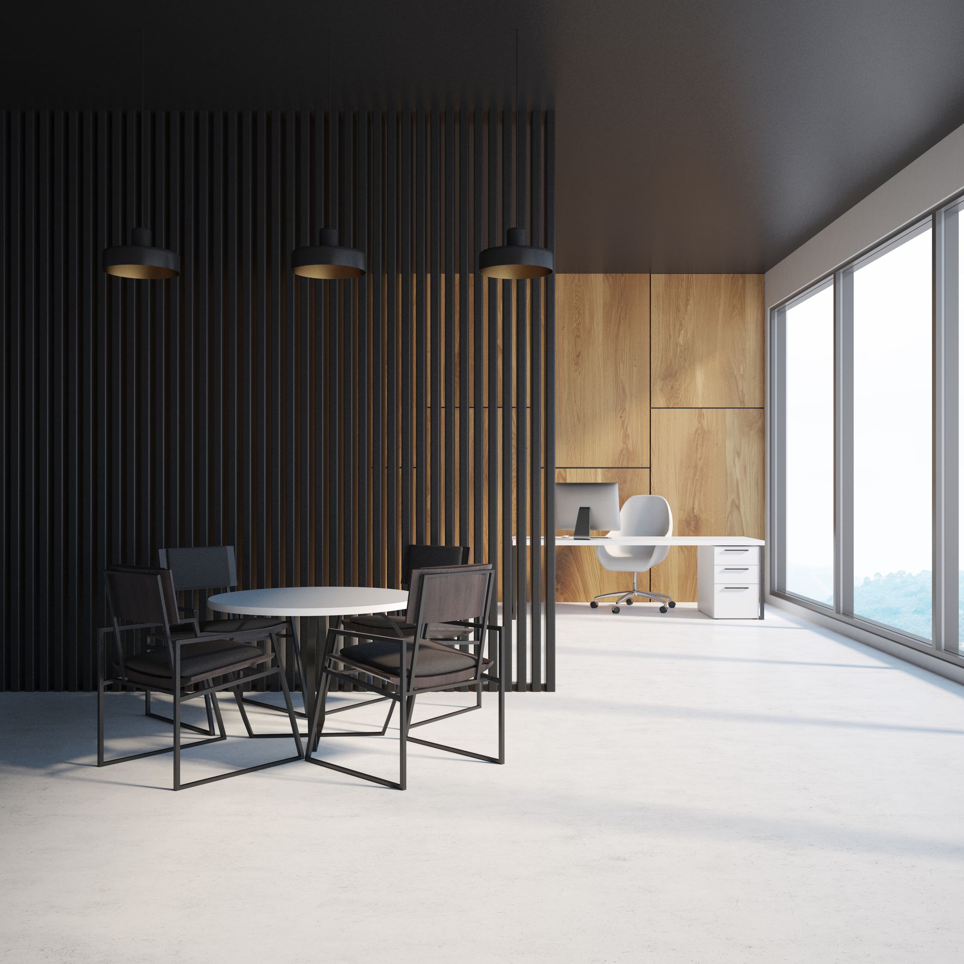 There is a table and chairs in the middle of the room.