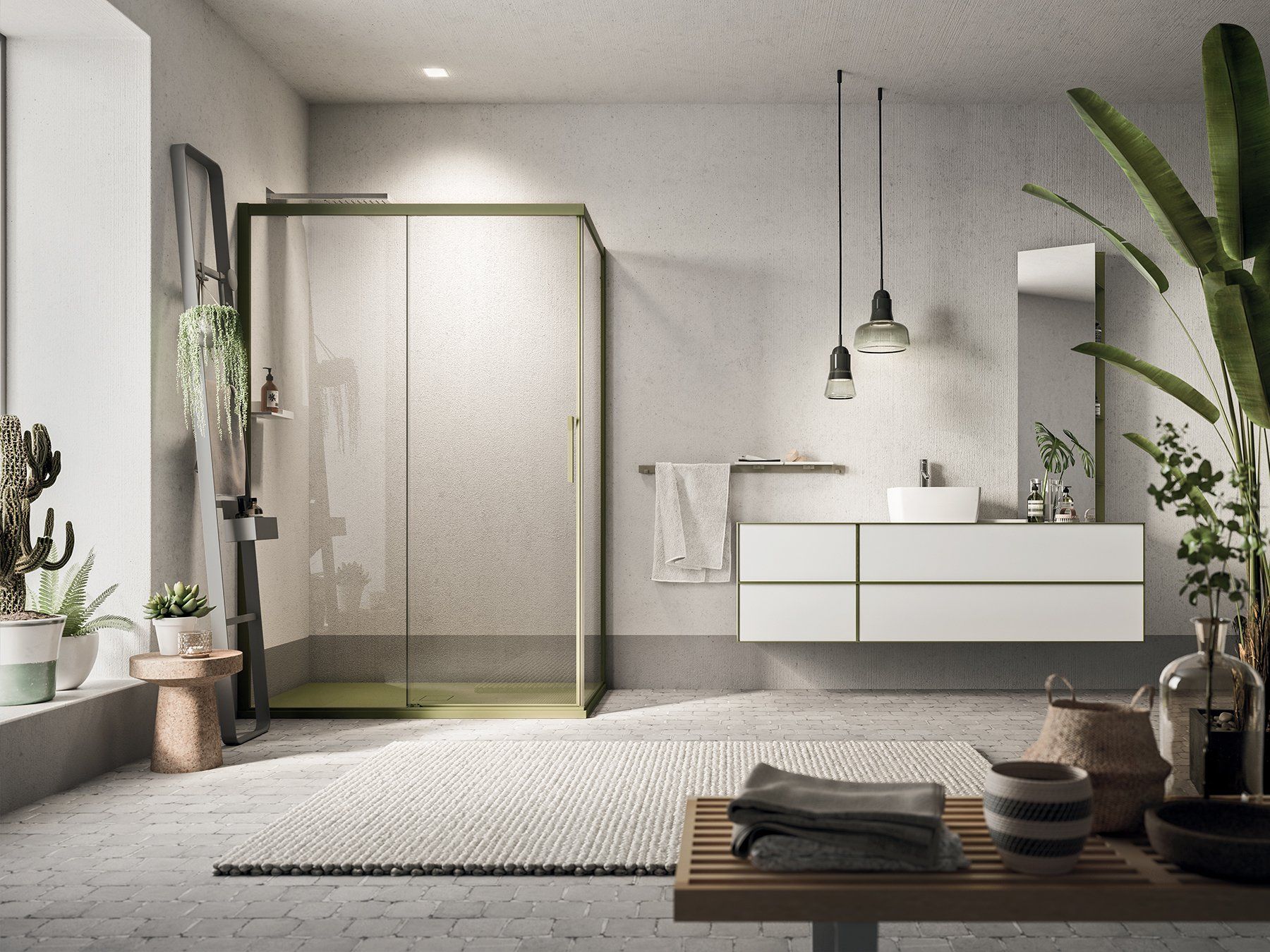 Un bagno con doccia verde e mobili bianchi