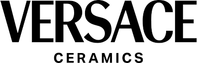 Il logo per le ceramiche Versace è in bianco e nero su sfondo bianco.