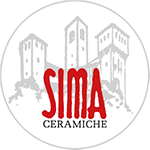 Un logo per un'azienda chiamata sima ceramiche con un castello sullo sfondo.