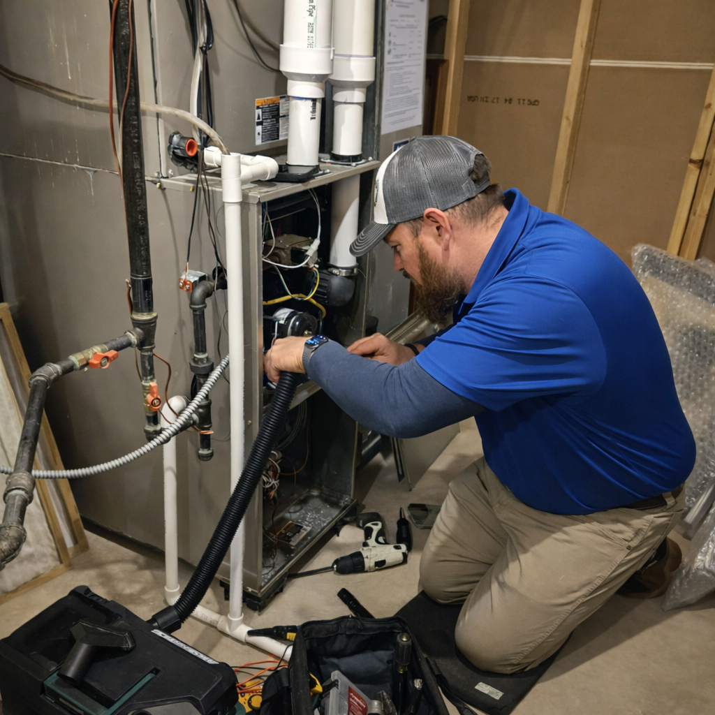 A person in a blue shirt and khaki pants kneels while using a vacuum hose to clean the interior of a home furnace.