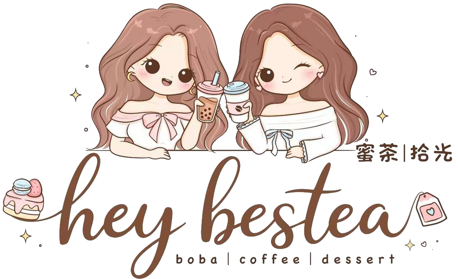 Two cartoon women clink boba drinks above “hey bestea” with teacup and cake icons