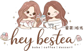 Two cartoon women clink boba drinks above “hey bestea” with teacup and cake icons