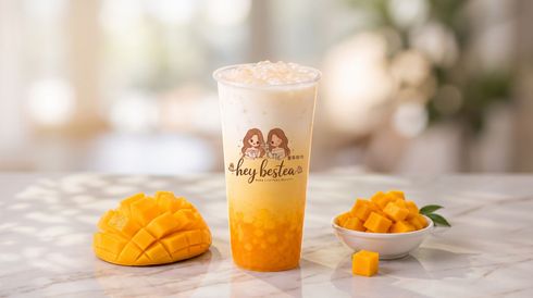 Mango bubble tea in a cup with mango slices and diced mango on a white table.