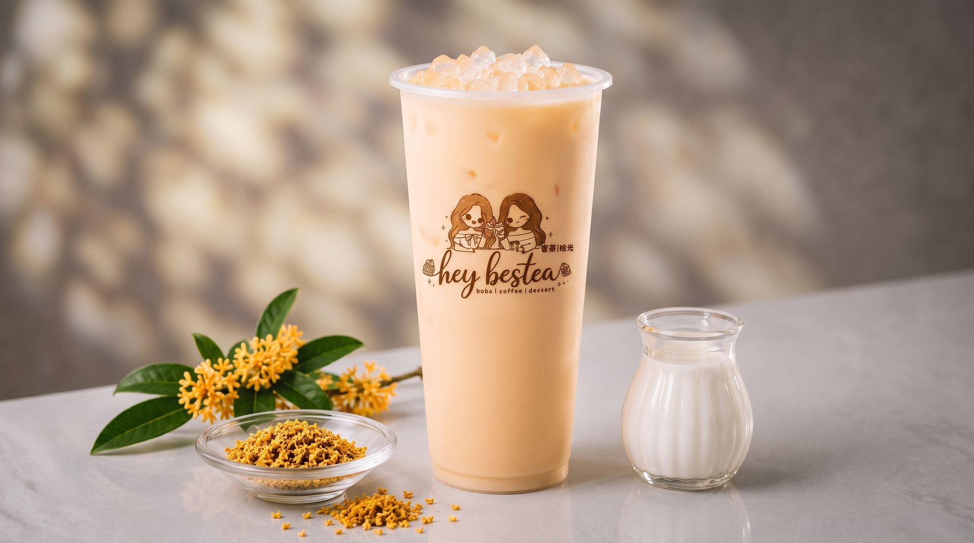 Tall peach iced drink with whipped topping beside flowers and a small milk bottle on a light table