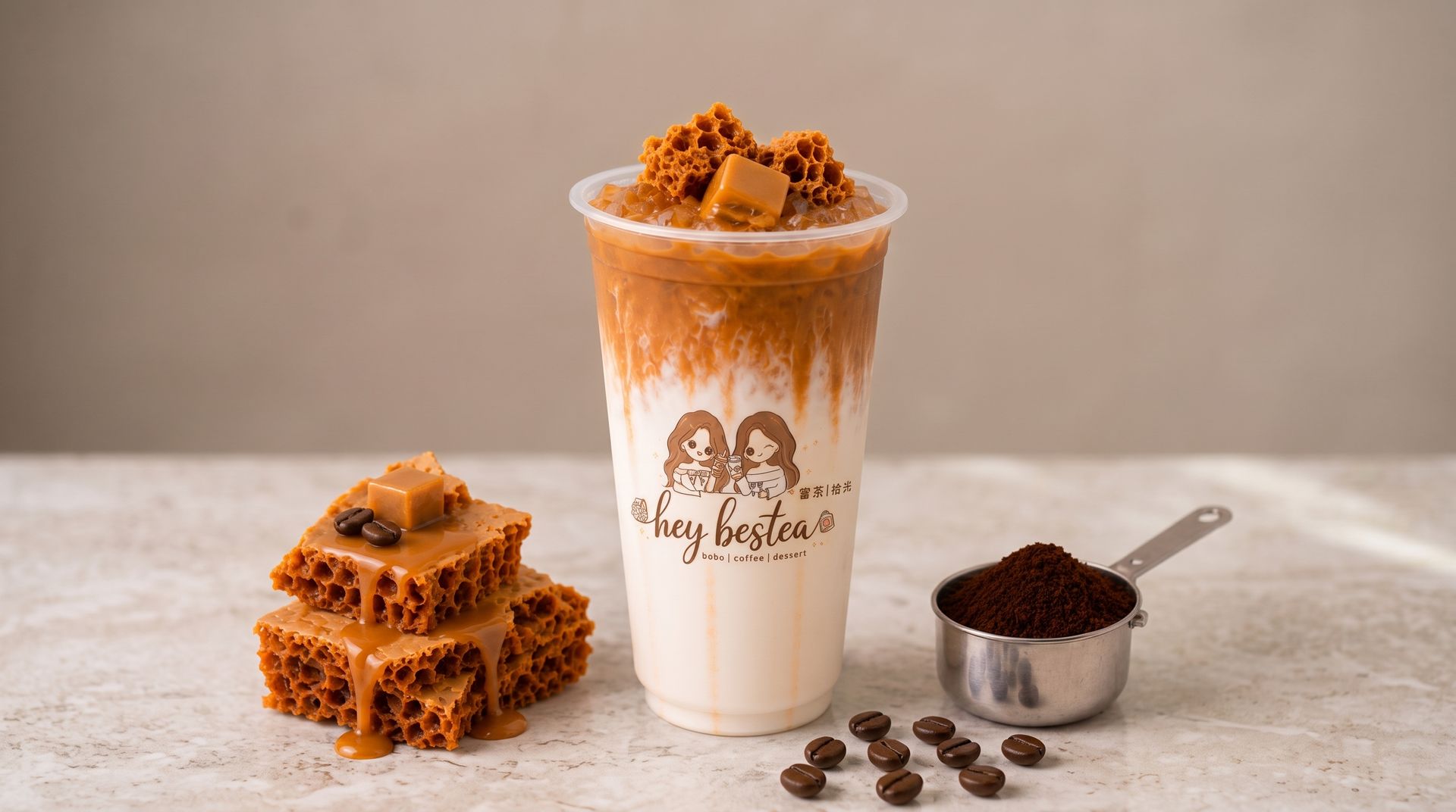 Honey toast drink with stacked waffles and coffee beans on a light tabletop.
