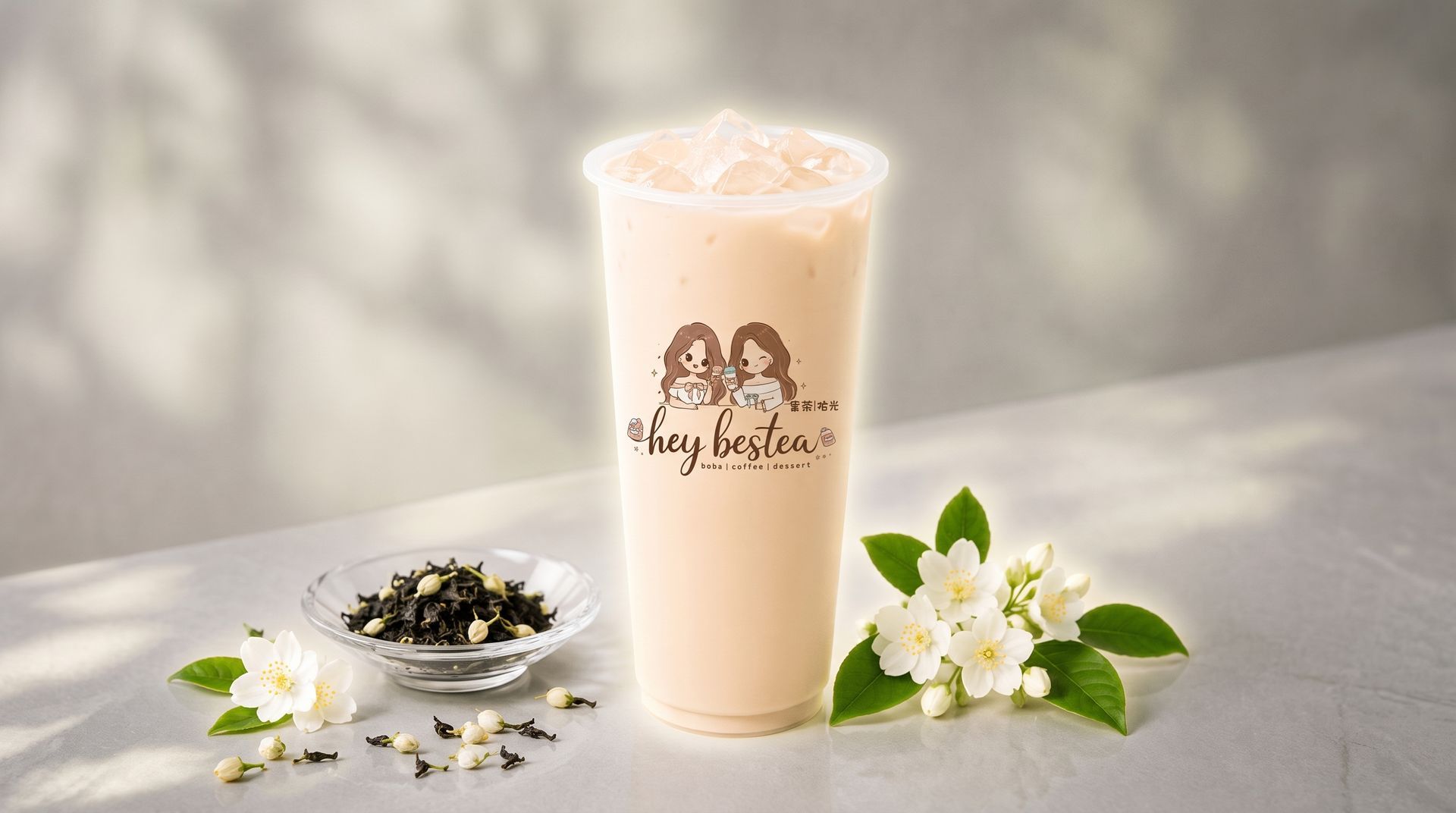 A tall frothy iced latte in a clear cup with flowers and loose tea on a light tabletop.