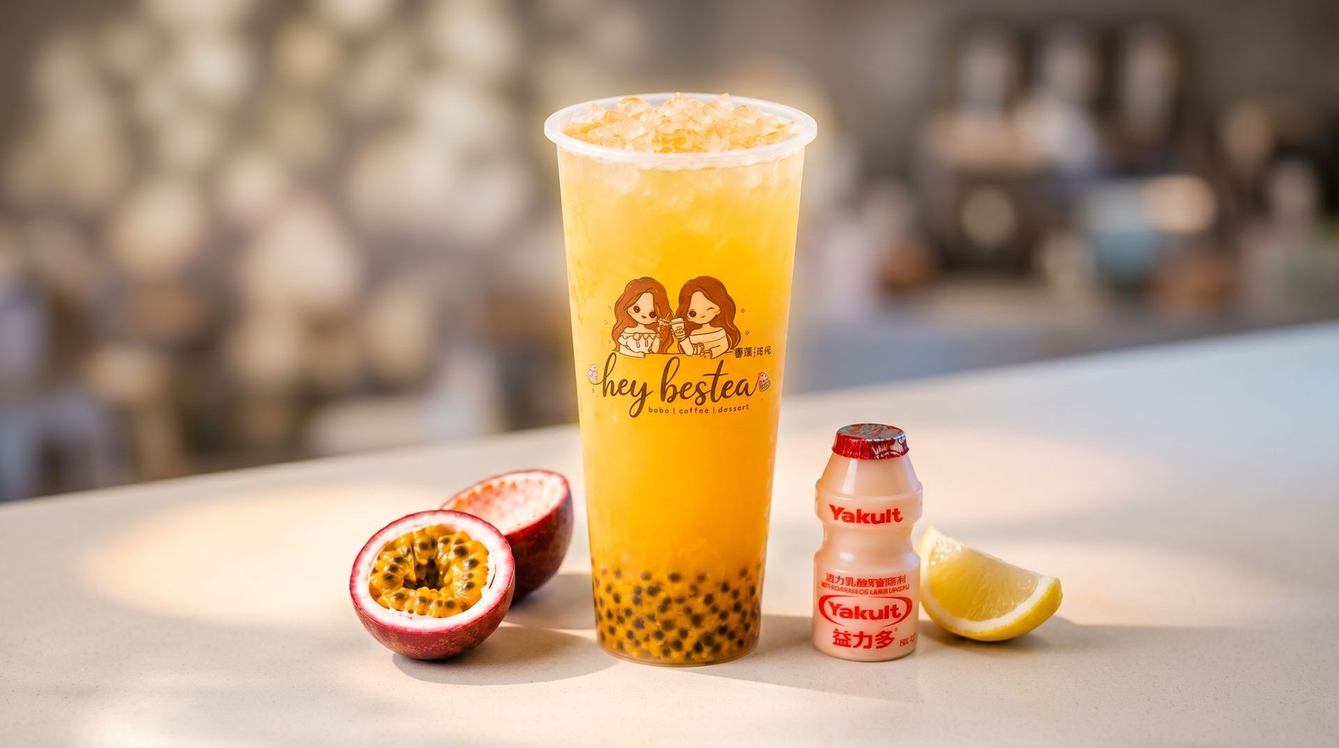 Passion fruit bubble tea with a lychee yogurt drink and lemon wedge on a counter