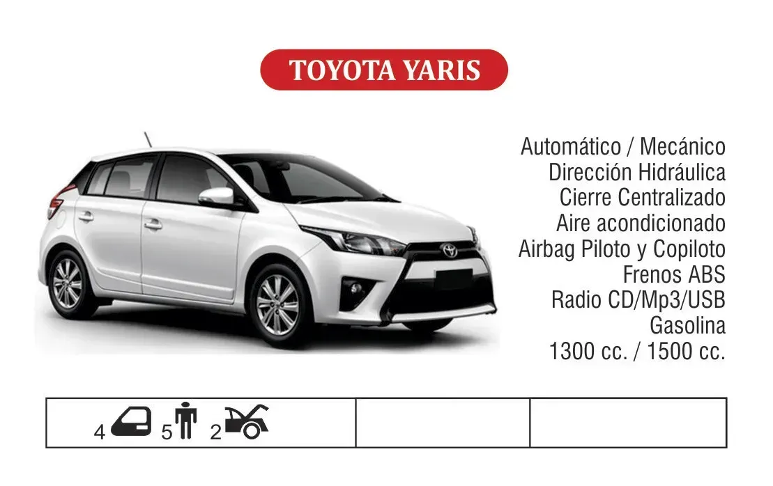 Toyota Yaris hatchback plateado con lista de características en español e iconos de combustible sobre un fondo blanco.