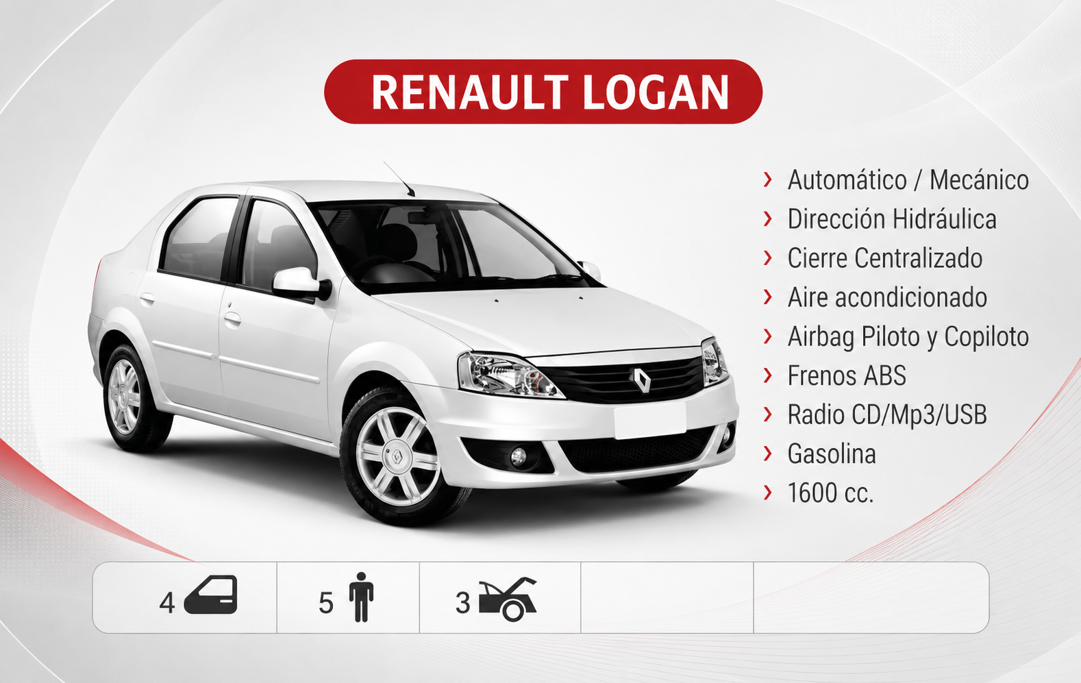 Anuncio del sedán Renault Logan blanco con lista de características y banner de título rojo.