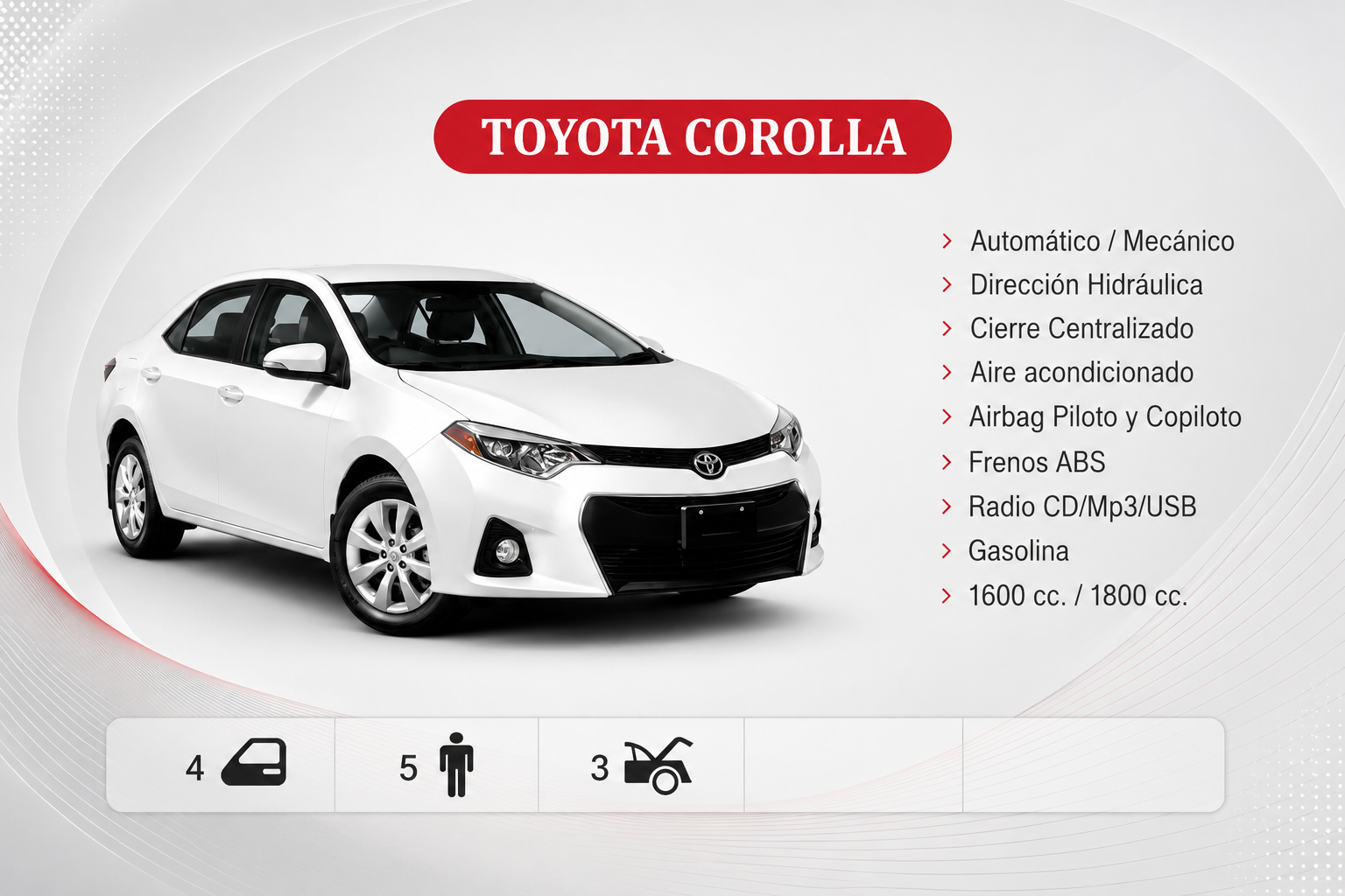 Un sedán Toyota Corolla blanco en un póster promocional con las características del vehículo enumeradas a la derecha.