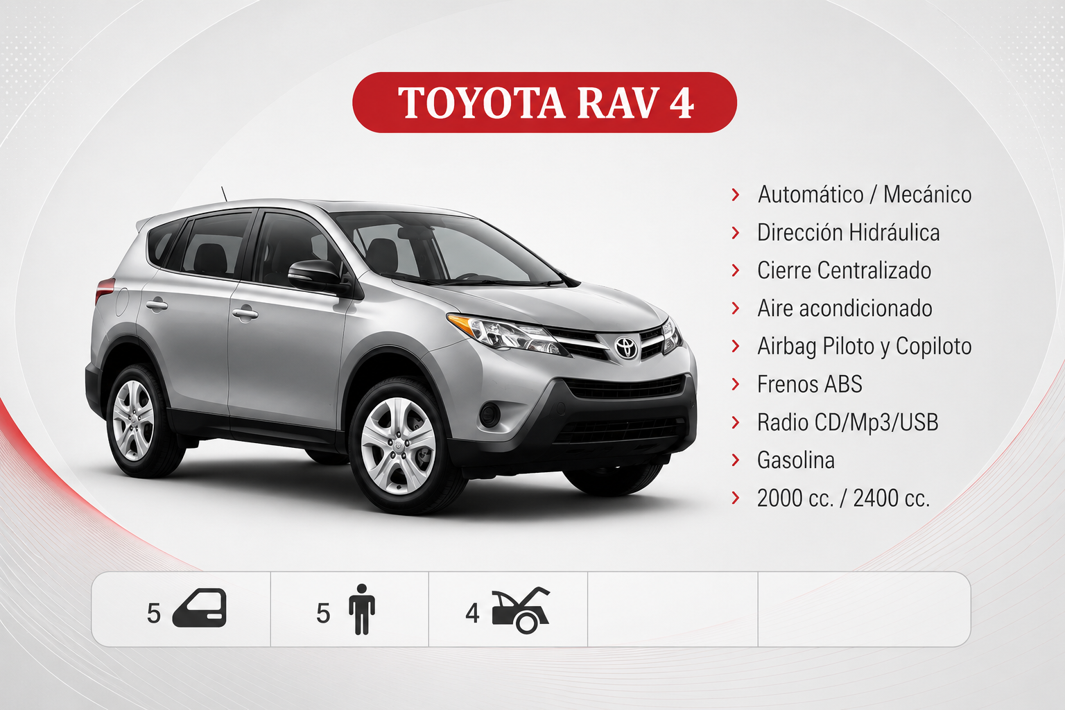 Anuncio del SUV Toyota RAV4 plateado con lista de características e iconos de asientos.