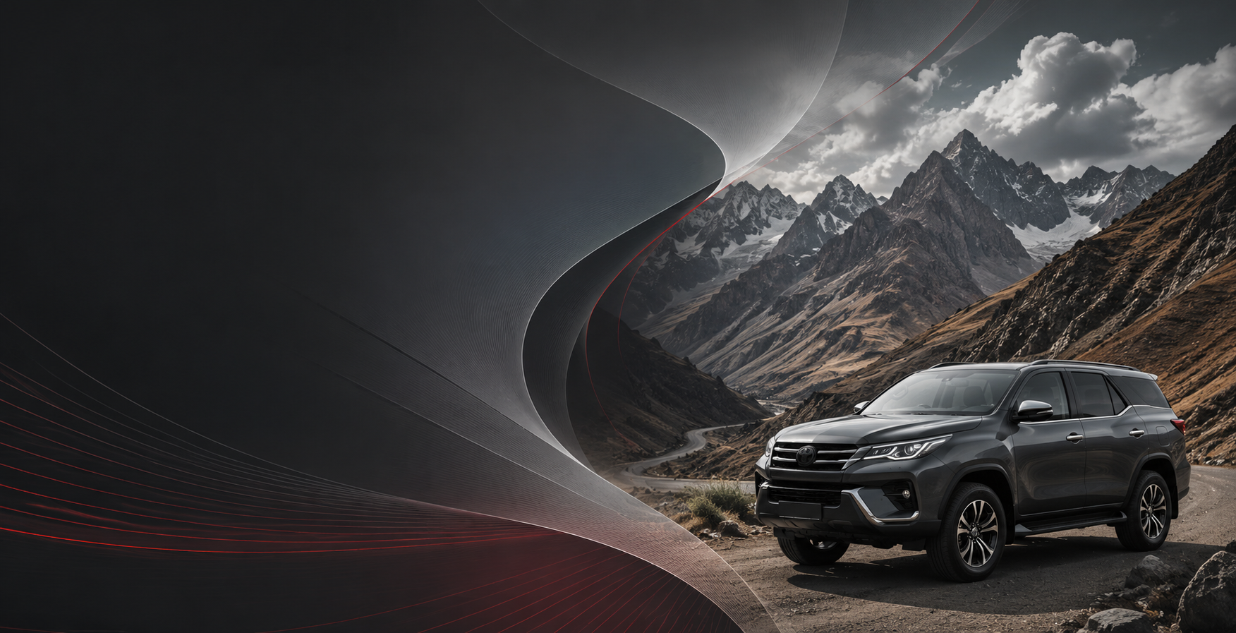 SUV negro en terreno montañoso rocoso con un dramático fondo gráfico oscuro y picos nevados.