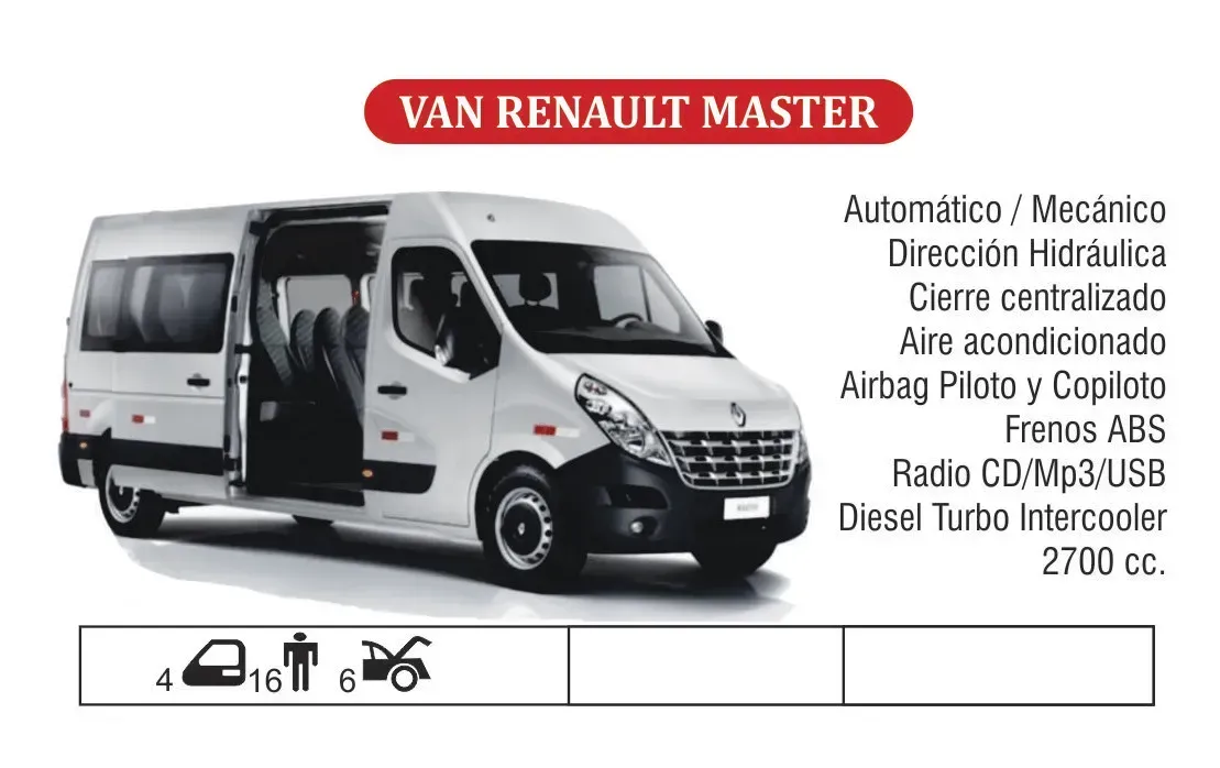 Furgoneta Renault Master blanca de carga con lista de características en español y título en rojo.