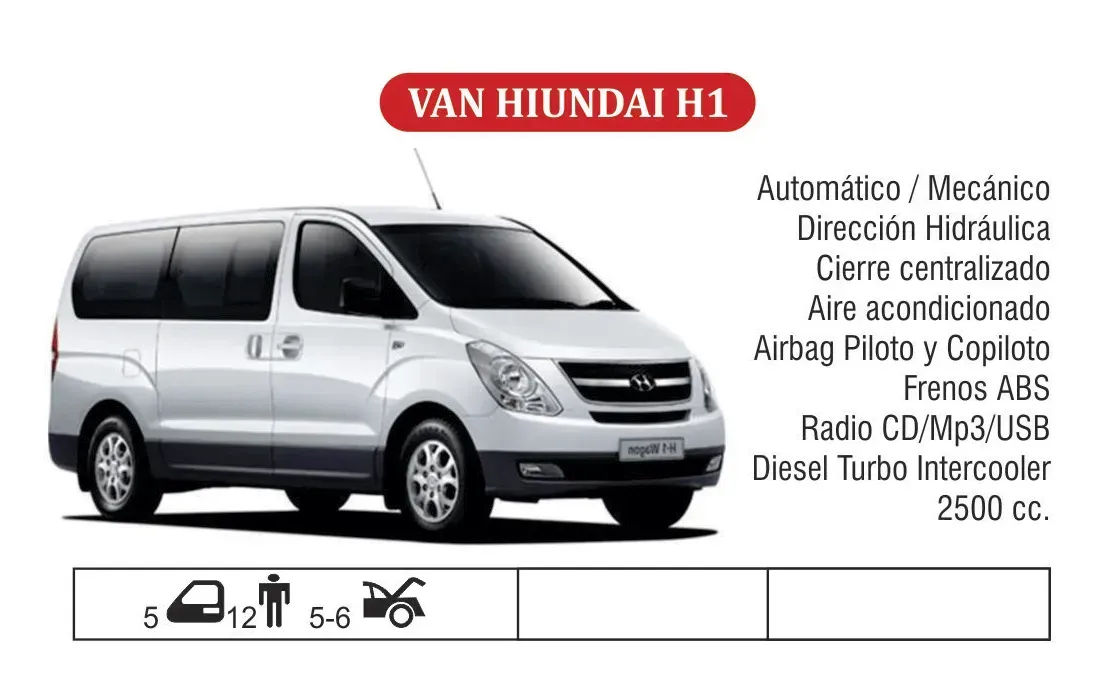 Anuncio de una furgoneta Hyundai H1 blanca con lista de características y especificaciones del vehículo