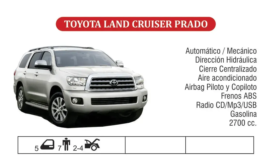 Anuncio del Toyota Land Cruiser Prado con un SUV blanco y una lista de características en español sobre un fondo blanco.
