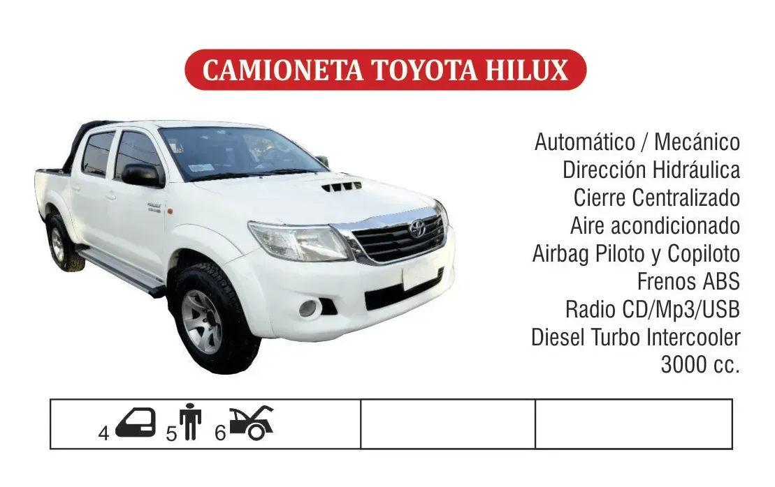 Anuncio de una camioneta Toyota Hilux blanca con lista de características en español y un banner de título rojo.