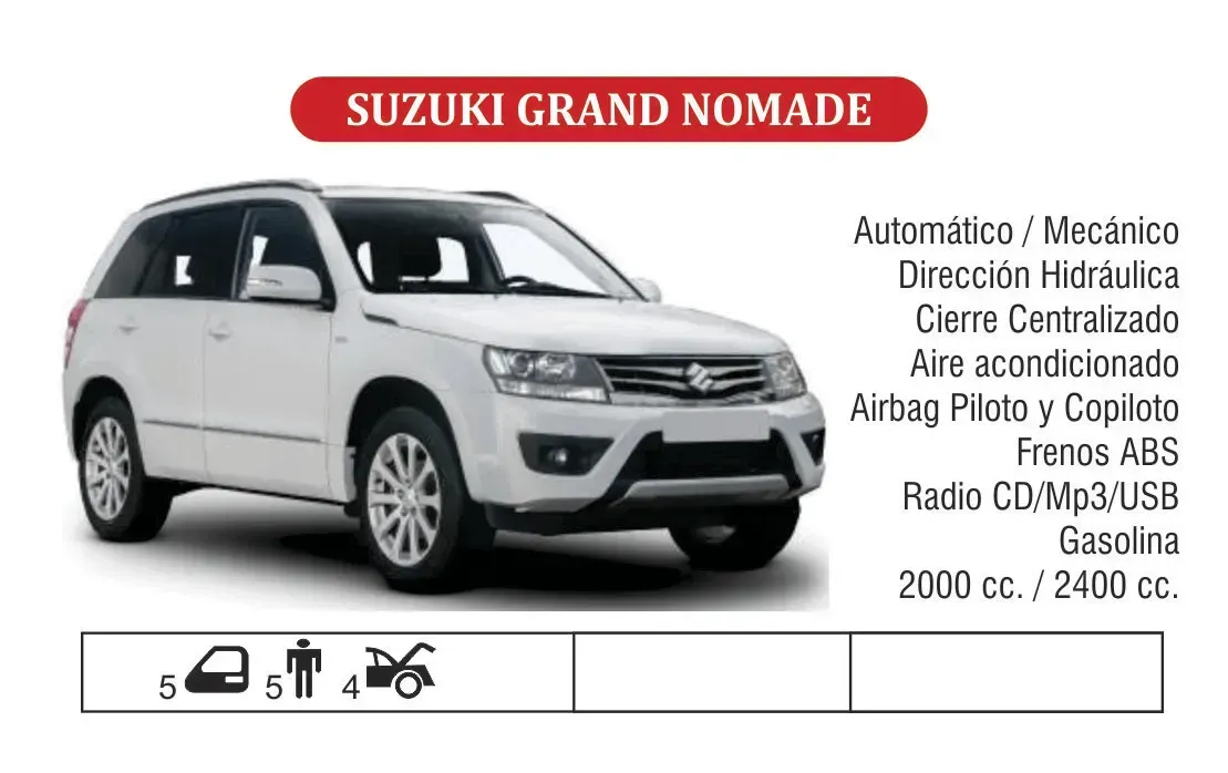 SUV Suzuki Grand Nomade blanco con lista de características y texto de precios en un anuncio promocional.